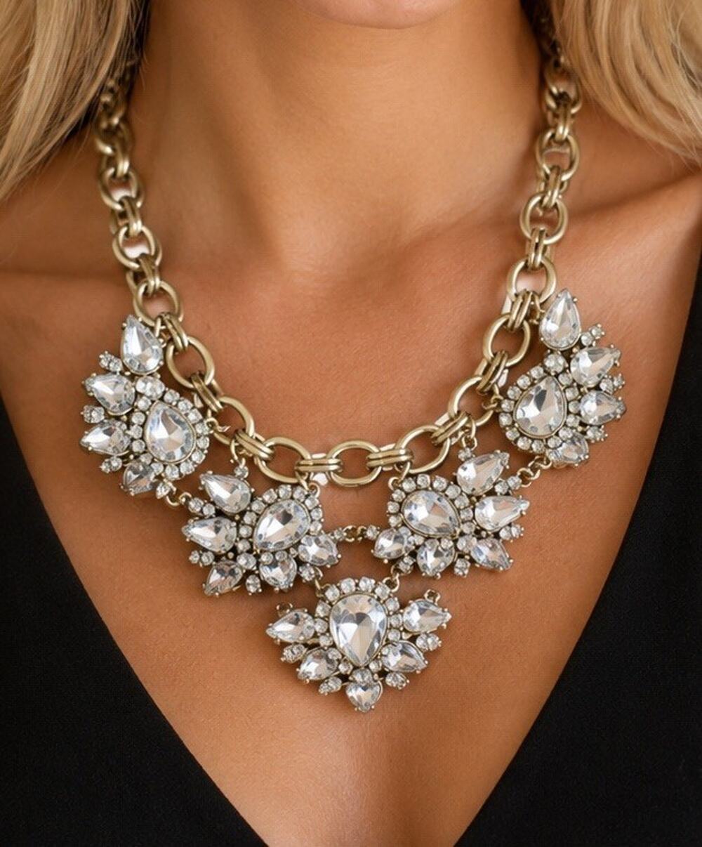 Rhinestone Statement Necklace Cluster Bib Retro 18" Chunky Gold Tone Teardrop